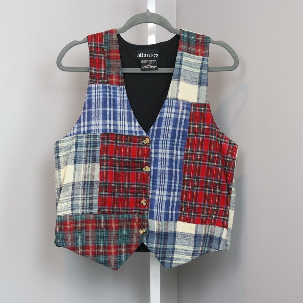 Vintage At Last & Co. Patchwork Plaid Button Vest – Size L